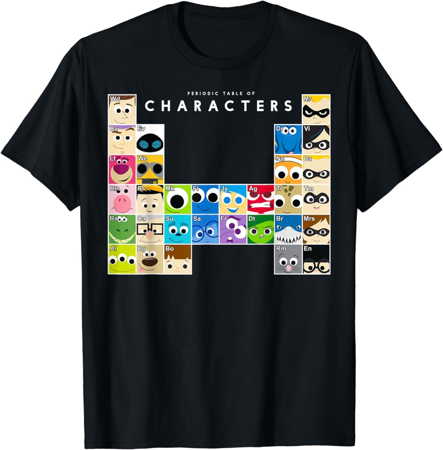 Disney Pixar Movie Characters Periodic Table Graphic T-Shirt - Image 1