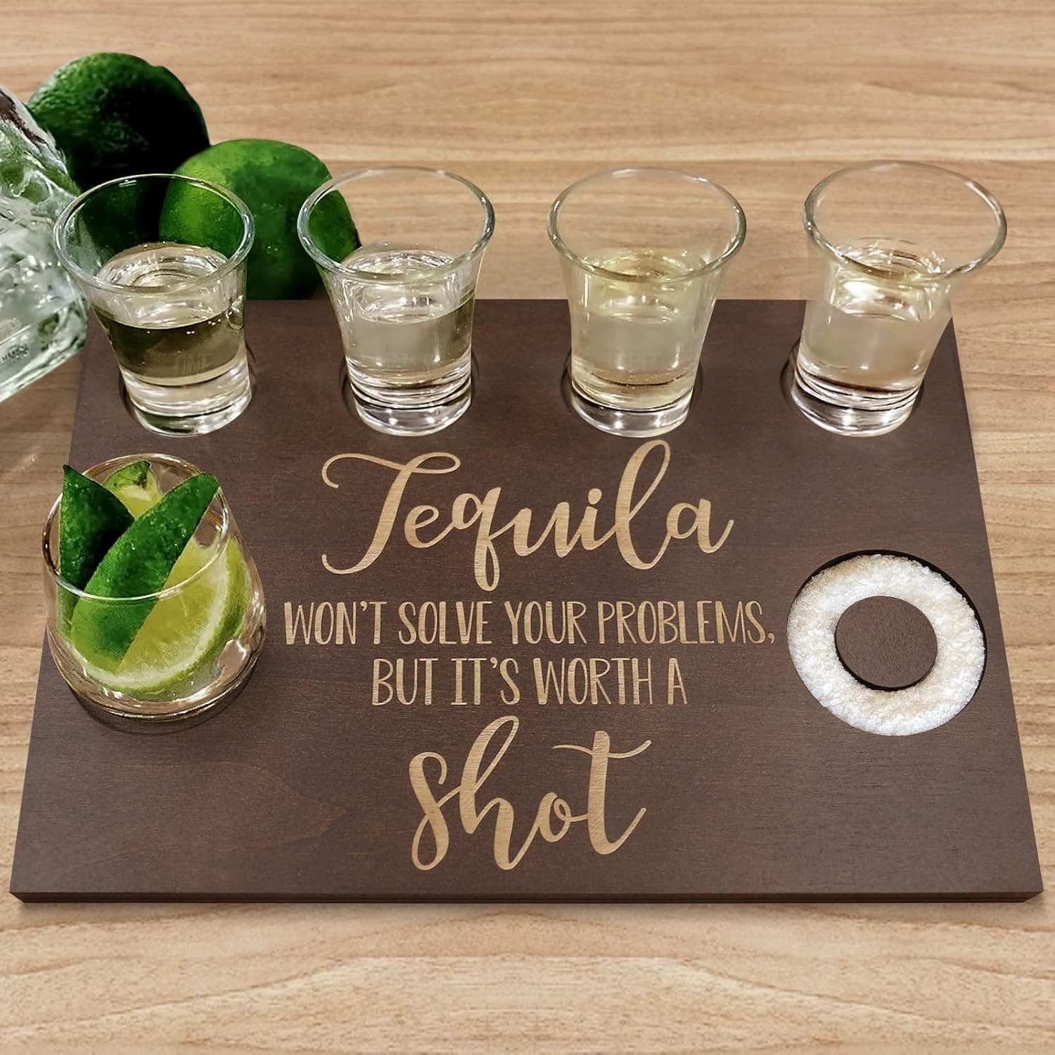 Tequila Shot Board and Glass Holder Wooden Tray