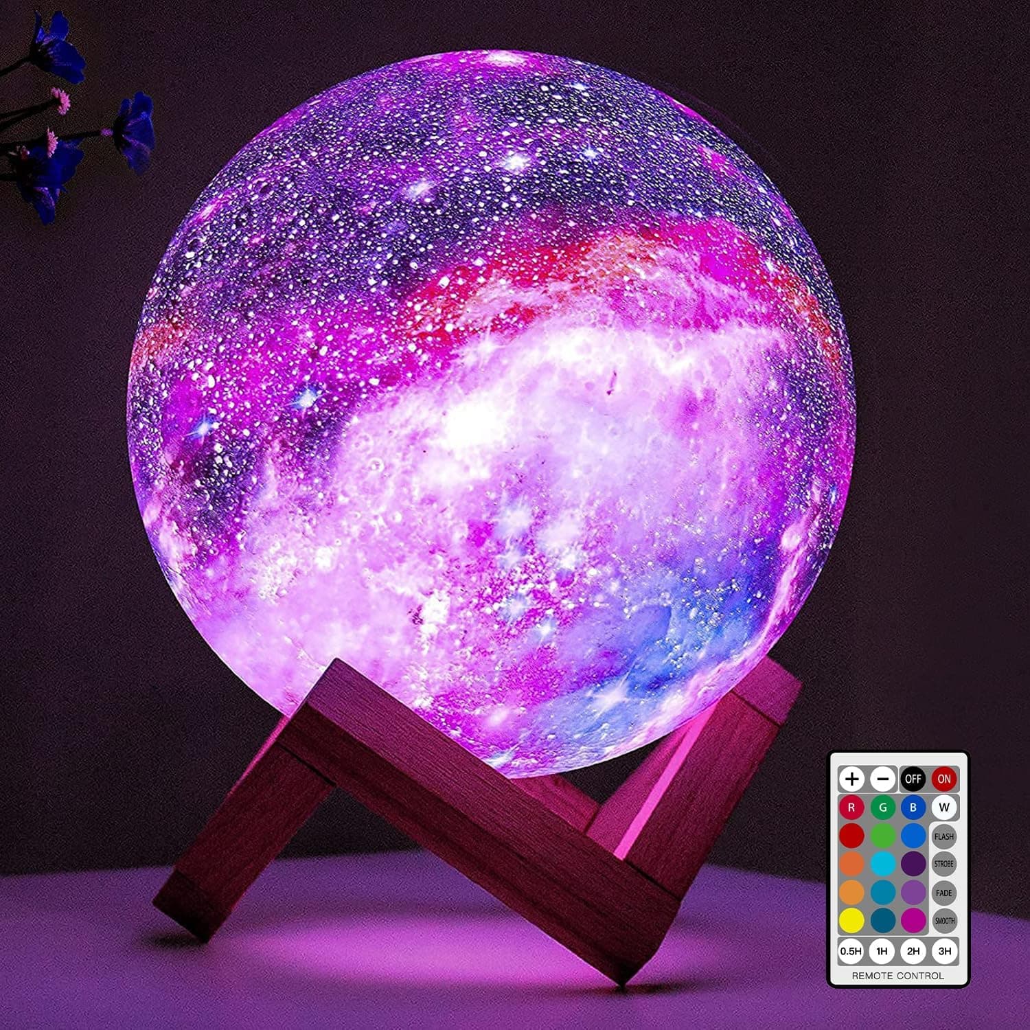 3D Galaxy Moon Lamp with Wooden Base