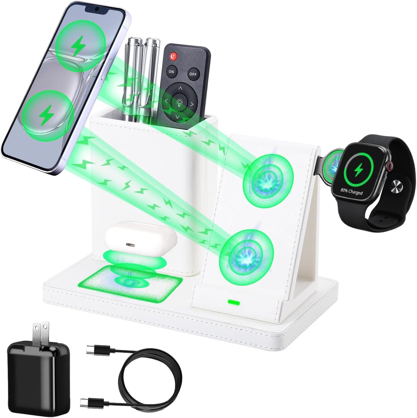 Leather Desk Organizer with 3-in-1 Wireless Charger