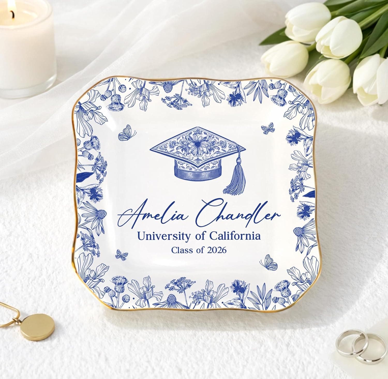 Personalized Toile Graduation Trinket Tray - Image 1